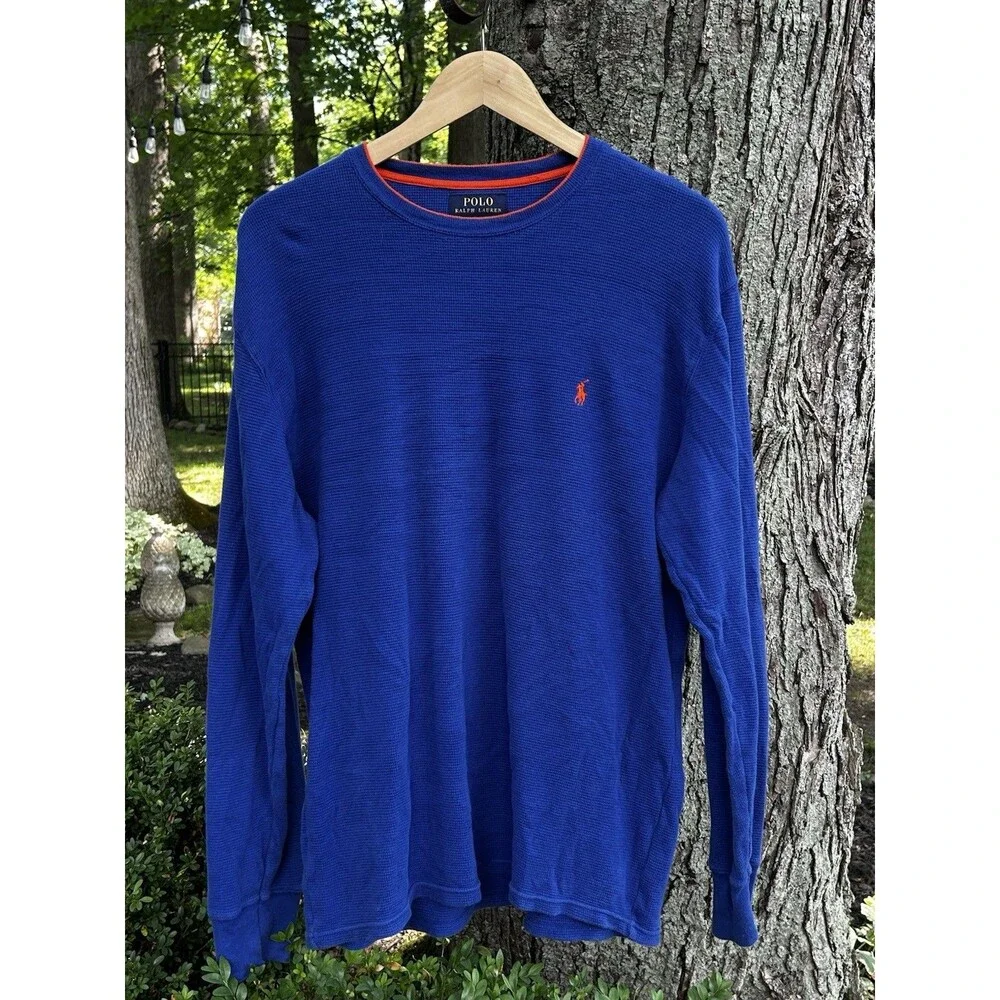 Polo Ralph Lauren Waffle Weave Thermal Shirt Size Large Blue Long Sleeve Logo